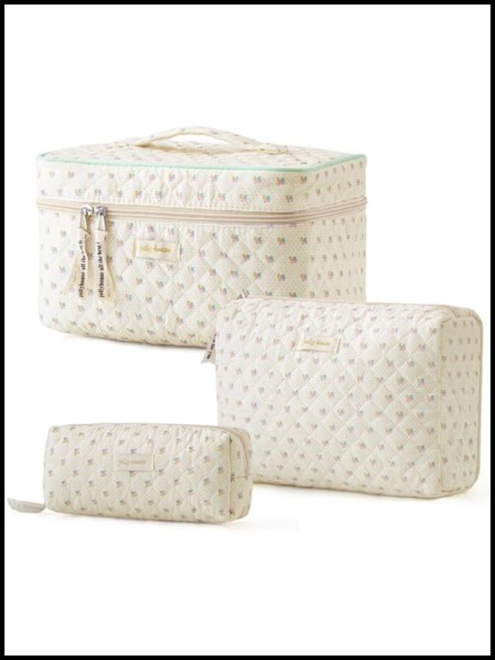 Quilted Cotton Makeup Bag Set 3Pcs Travel Cosmetic Organizer Floral Zip Pouch